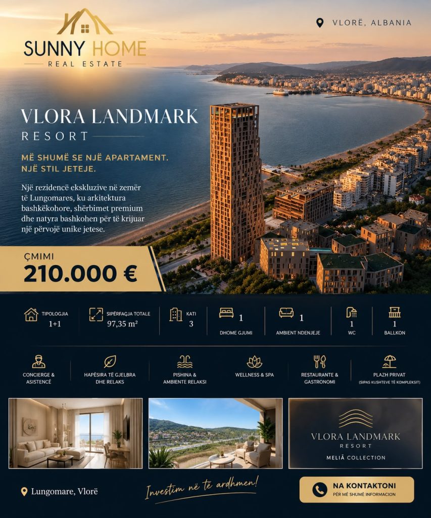 ‼️ EKSKLUZIVE NË VLORË – SUNNYHOME.AL ‼️  VLORA LANDMARK RESORT | NJË ADRESË PRESTIGJI NË ZEMËR TË LUNGOMARES  SHITET APARTAMENT 1+1 + 1 WC + BALLKON 📍 Vlora Landmark Resort – Lungomare, Vlorë ÇMIMI: 210.000€