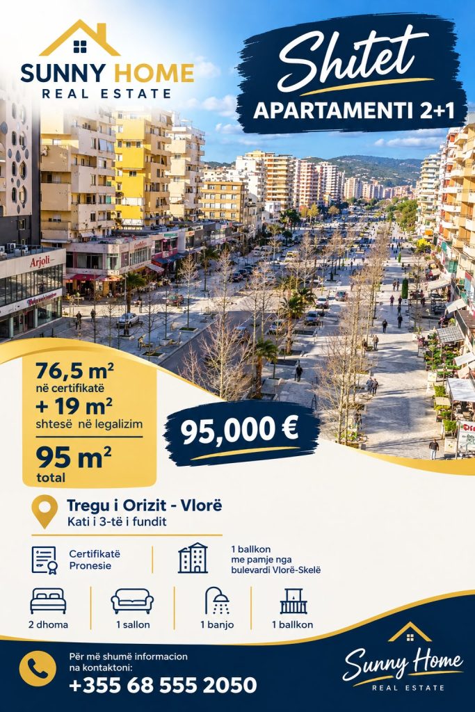 ‼️ Exclusive in Vlorë for Sunnyhome.al ‼️  Apartment for Sale: 2+1 + 1 Bathroom + Balcony 📍 Tregu i Orizit (Rice Market) – Vlorë Price: 95,000 Euros